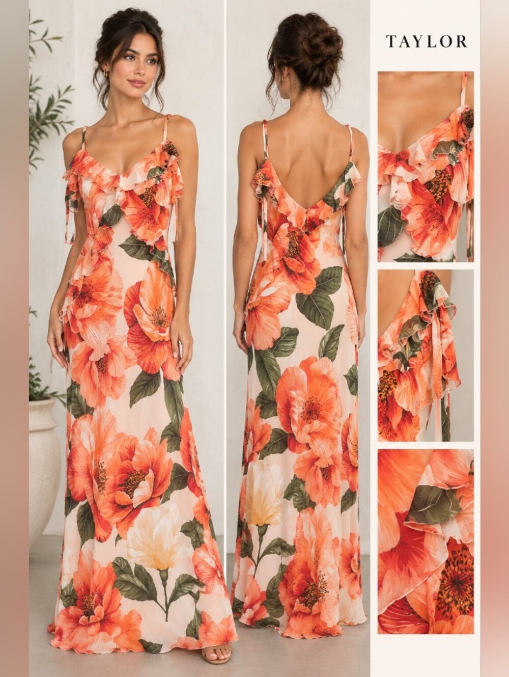 Taylor Coral & Green Floral Ruffle Strap Maxi Dress